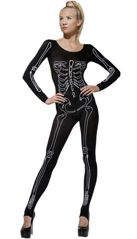 Stretch Black Skeleton Print Women's Bodystocking Halloween Costume