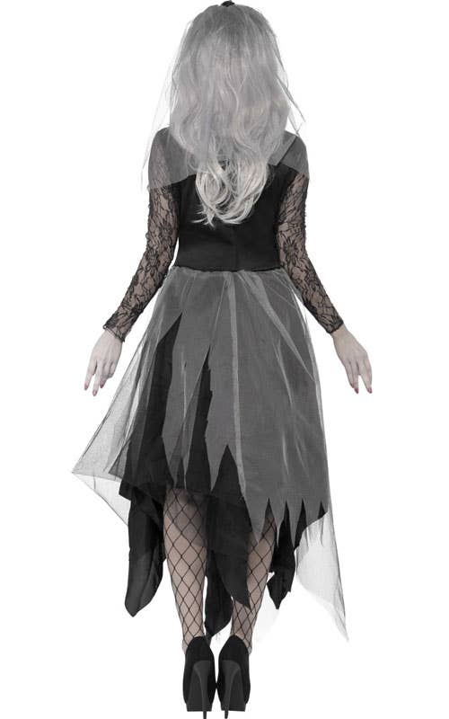 Tattered Grey and Black Graveyard Bride Women's Halloween Costume - Back Image