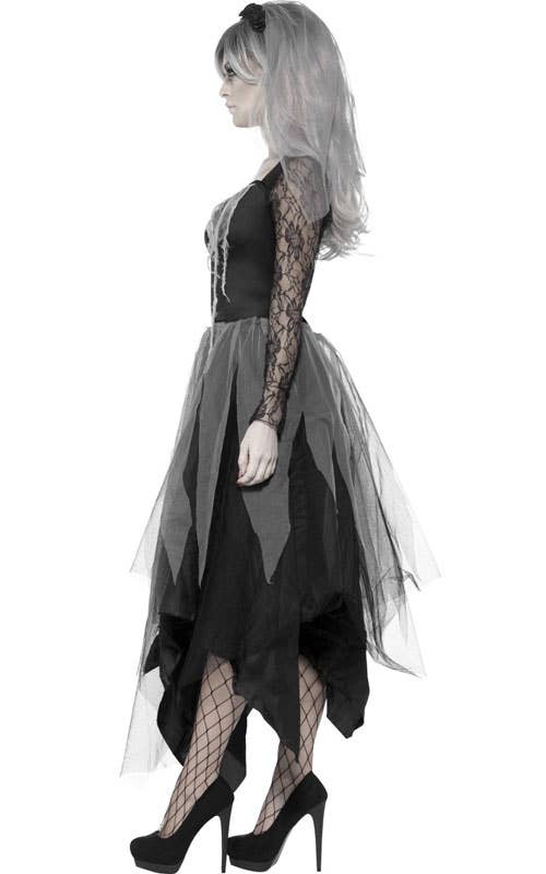 Tattered Grey and Black Graveyard Bride Women's Halloween Costume - Side Image