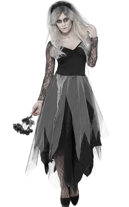 Tattered Grey and Black Graveyard Bride Women's Halloween Costume - Front Image