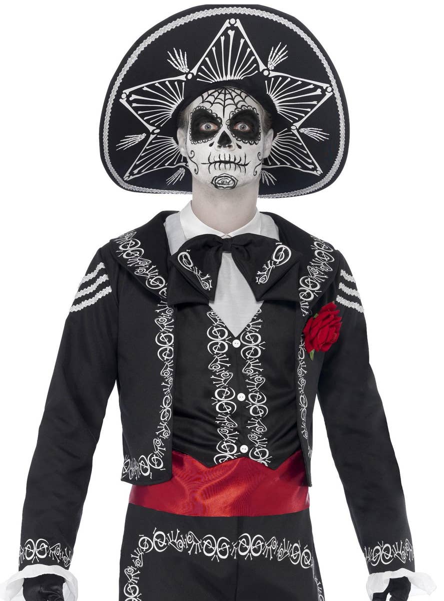 Men's Mexican Day of the Dead Skeleton Costume Close Up Image