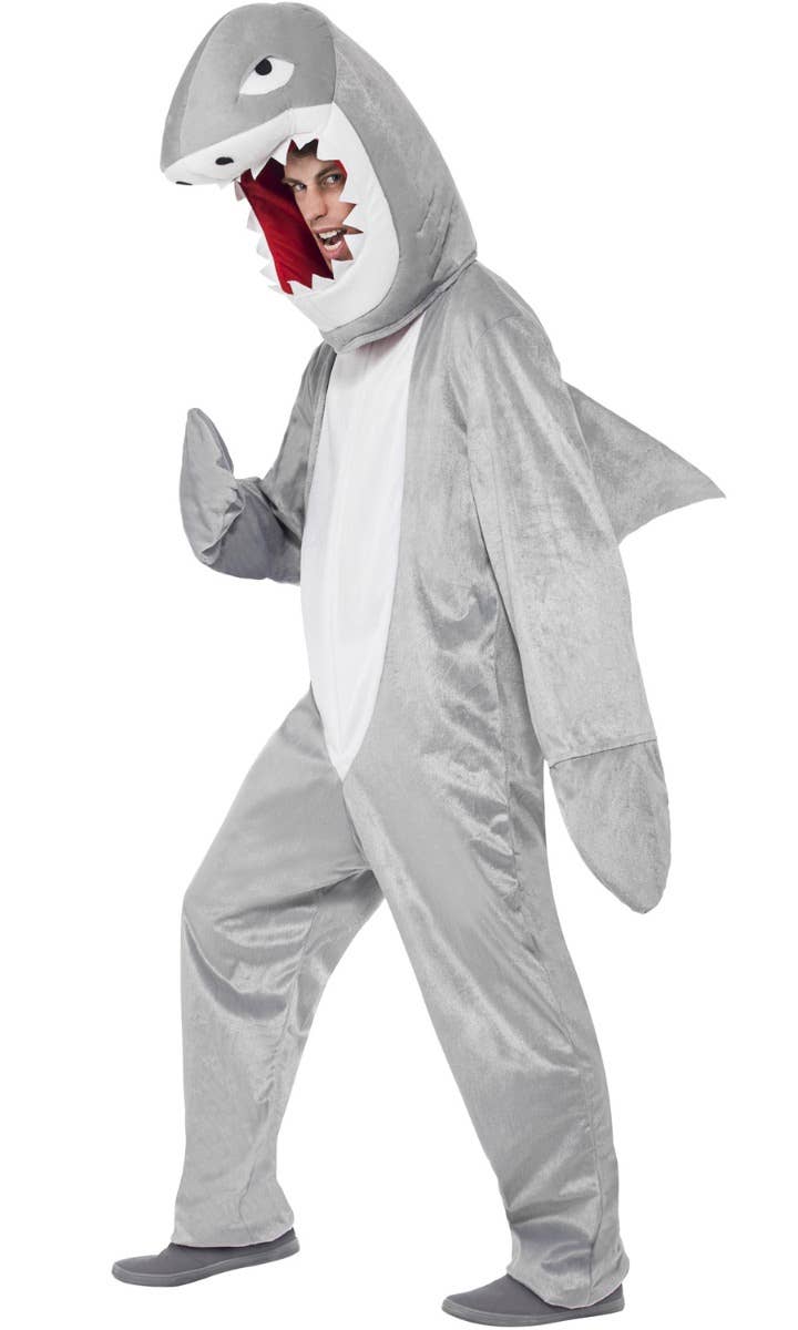 Men's Grey Hooded Shark Onesie Jumpsuit Fancy Dress Costume Side View