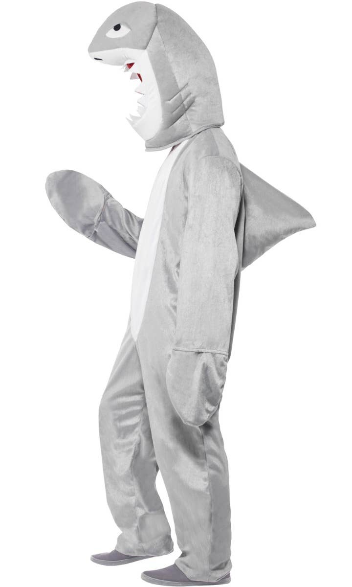 Men's Grey Hooded Shark Onesie Jumpsuit Fancy Dress Costume Side View 2