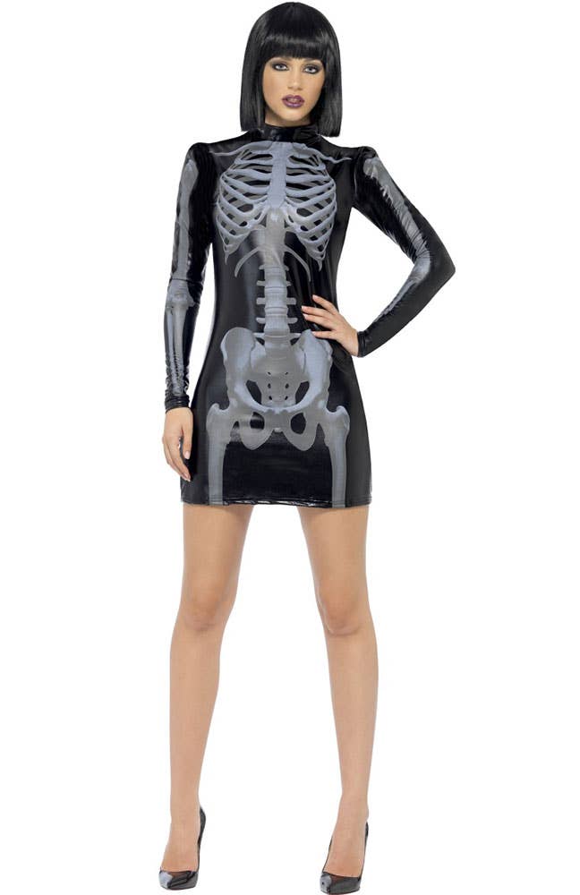 Women's Sexy Whiplash Skeleton Halloween Costume Dress Front View 1