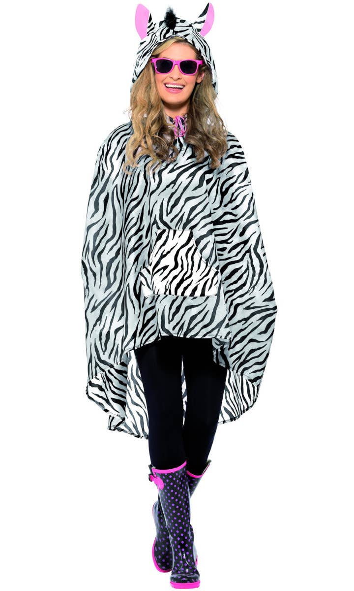 Novelty Black and White Unisex Zebra Party Poncho - Front Image