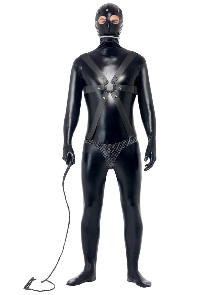 Mens Funny Black Wet Look Full Body Gimp Suit Costume - Main Image