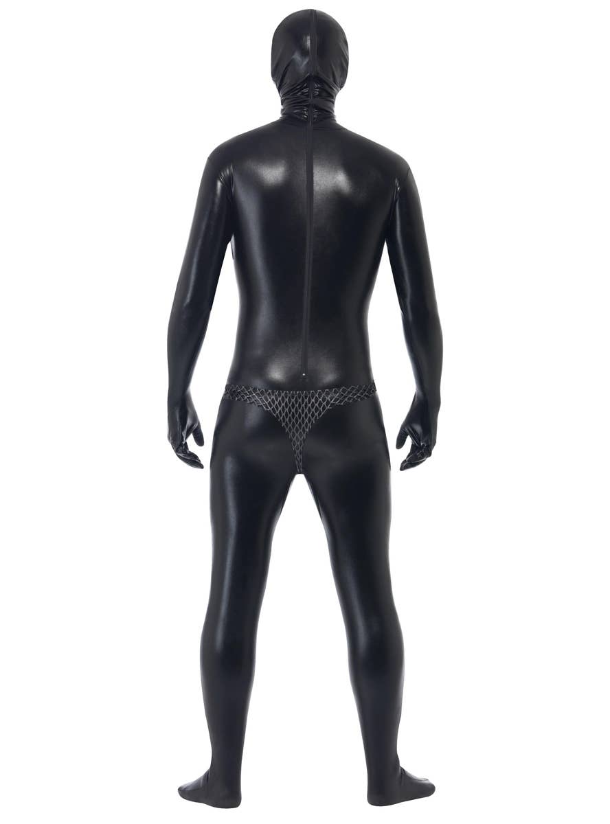 Mens Funny Black Wet Look Full Body Gimp Suit Costume - Back Image