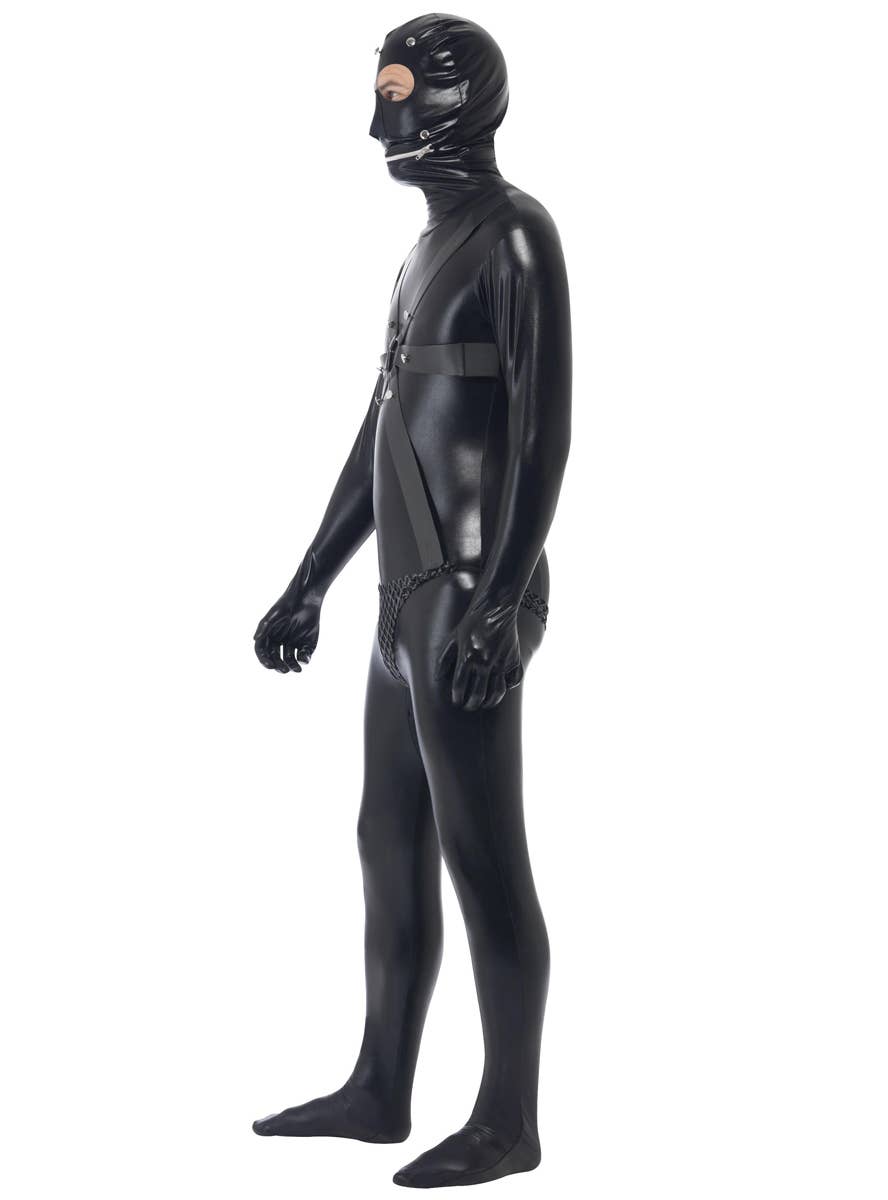 Mens Funny Black Wet Look Full Body Gimp Suit Costume - Side Image