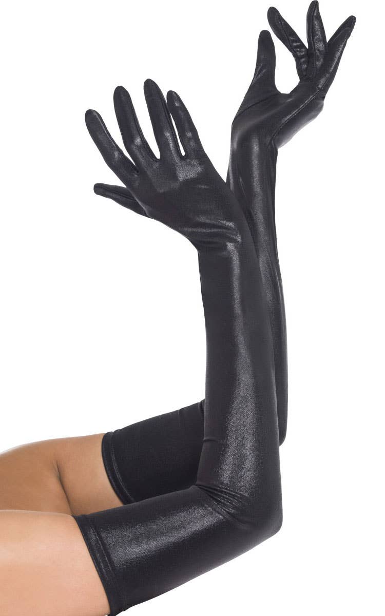 Women's Deluxe Black Wet Look Over The Elbow Gloves - Alternate Image