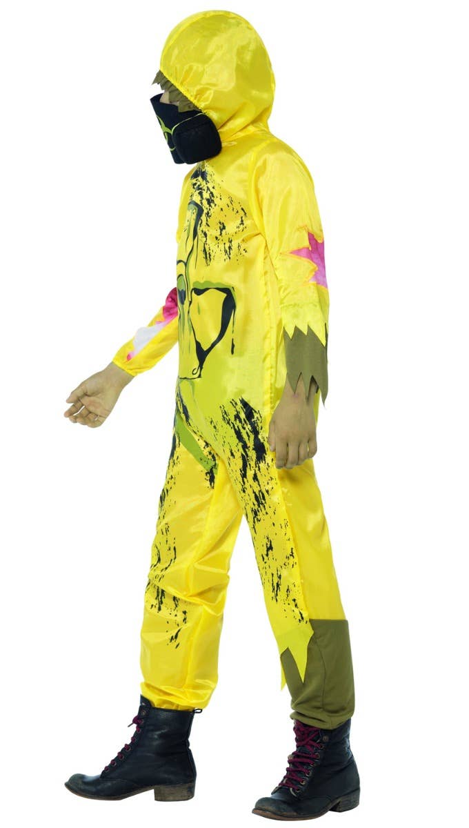 Boys Yellow Toxic Waste Zombie Hazmat Suit Halloween Costume Side Image