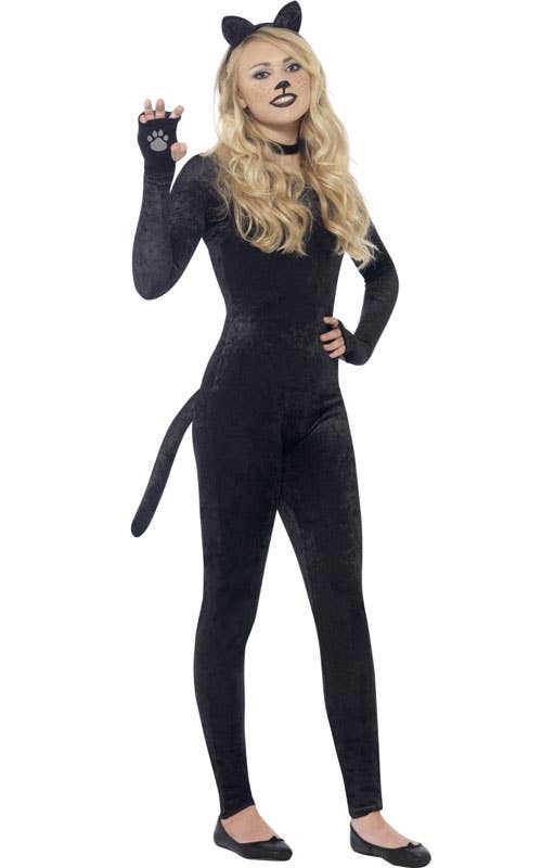 Black Kitty Teen Girl's Animal Catsuit Fancy Dress Front