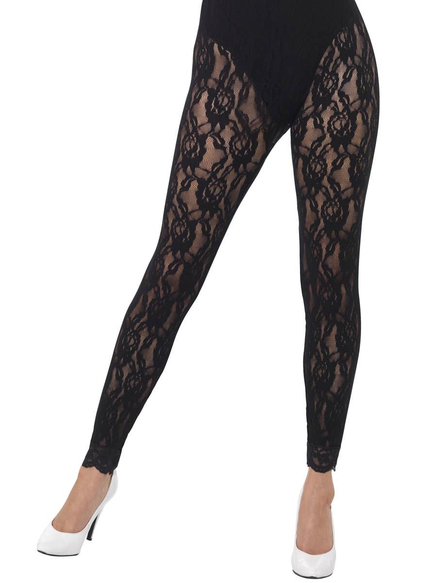 Women's Black Lace Footless 80s Fashion Stockings Costume Leggings  - Main Image