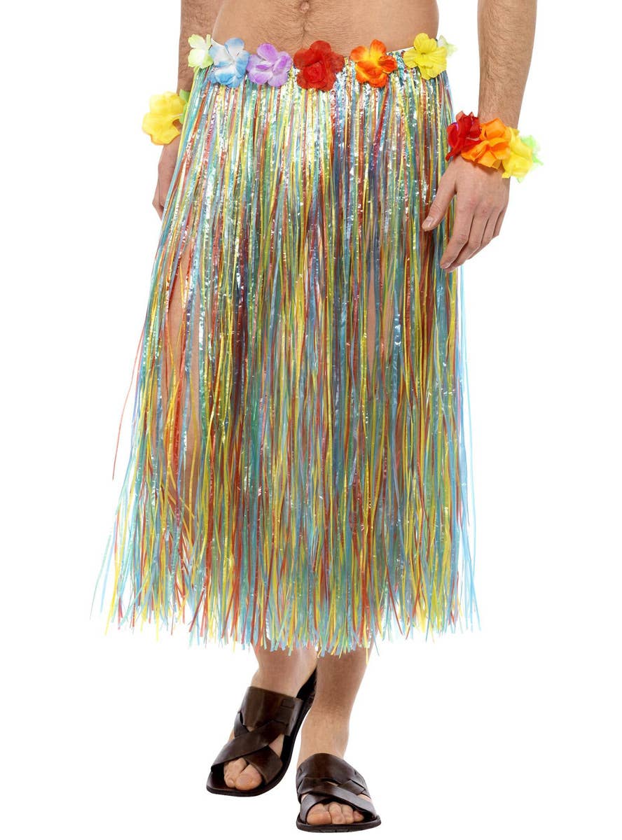 Unisex Multicoloured Hawaiian Grass Skirt with Flowers Main Image