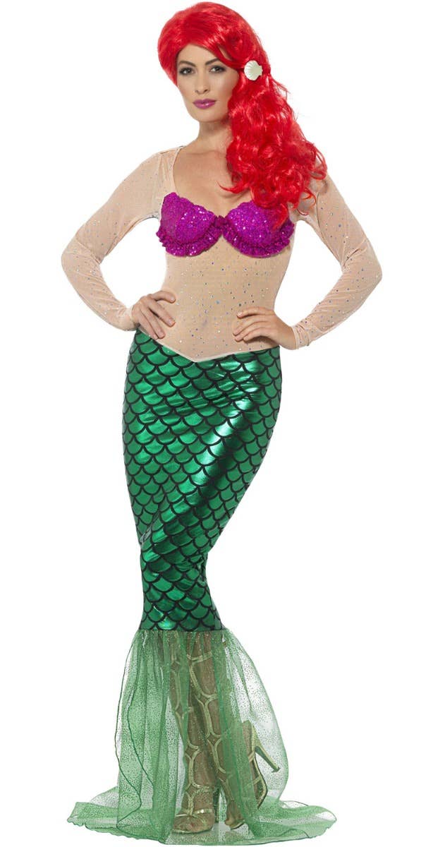 Sexy Mermaid Deluxe Green and Pink Fancy Dress Women's Costume - Front Alt