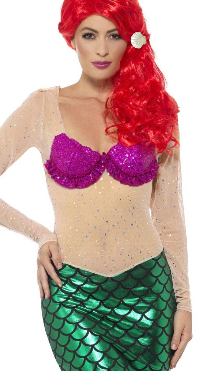 Sexy Mermaid Deluxe Green and Pink Fancy Dress Women's Costume - Front Close Up