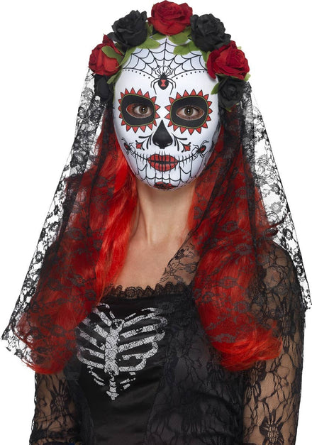 Women's Sugar Skull Mask with Black Lace Veil and Rose Headband