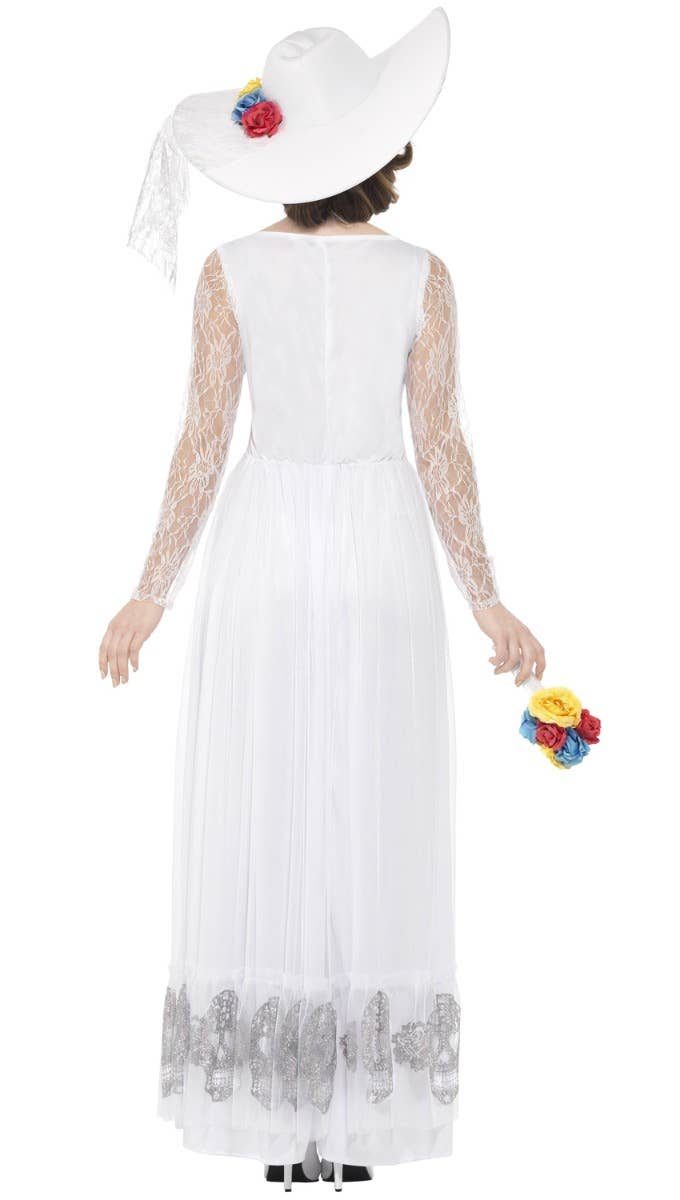 Image of Day of the Dead Womens White Skeleton Bride Costume - Back View