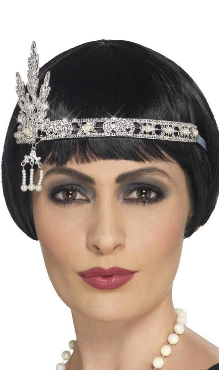 Image of 1920s Silver Metal Flapper Headband with Rhinestones