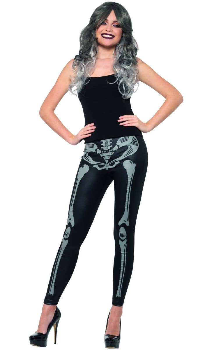 Women's Black Wet Look Skeleton Print Halloween Costume Leggings Full Image