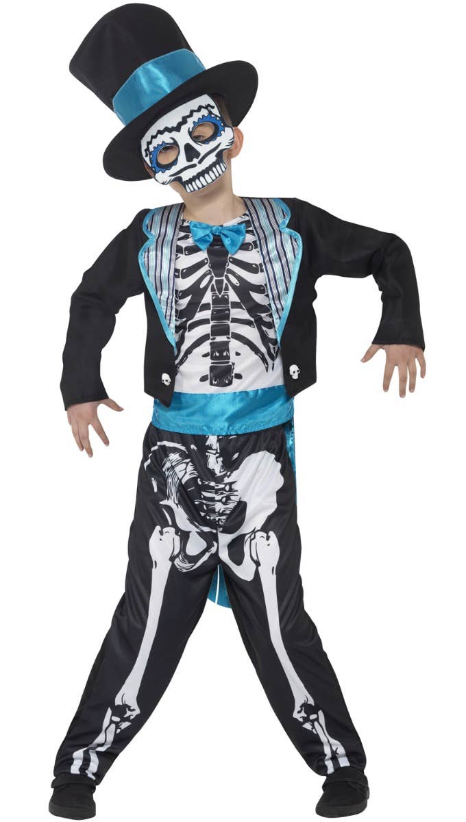 Boy's Black White And Blue Day Of The Dead Groom Halloween Skeleton Printed Fancy Dress Costume Alternative Image