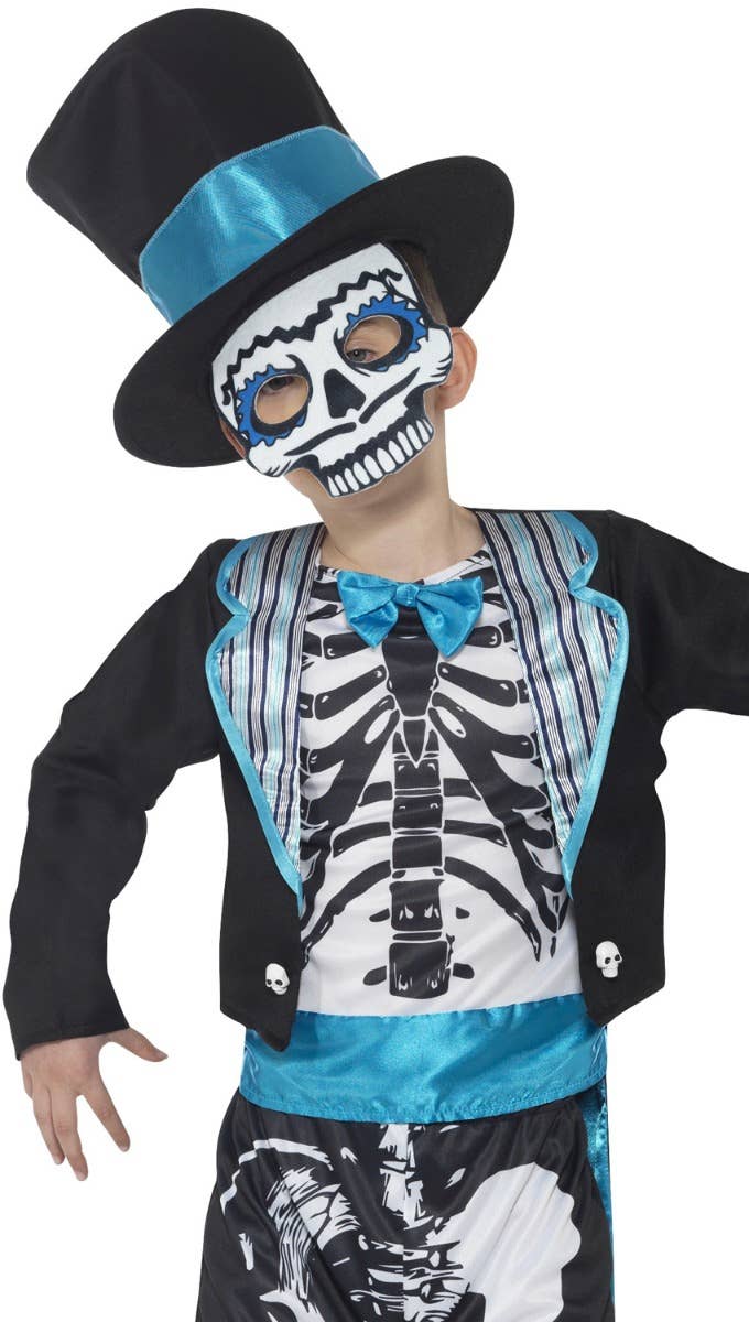 Boy's Black White And Blue Day Of The Dead Groom Halloween Skeleton Printed Fancy Dress Costume Close Up Front Image