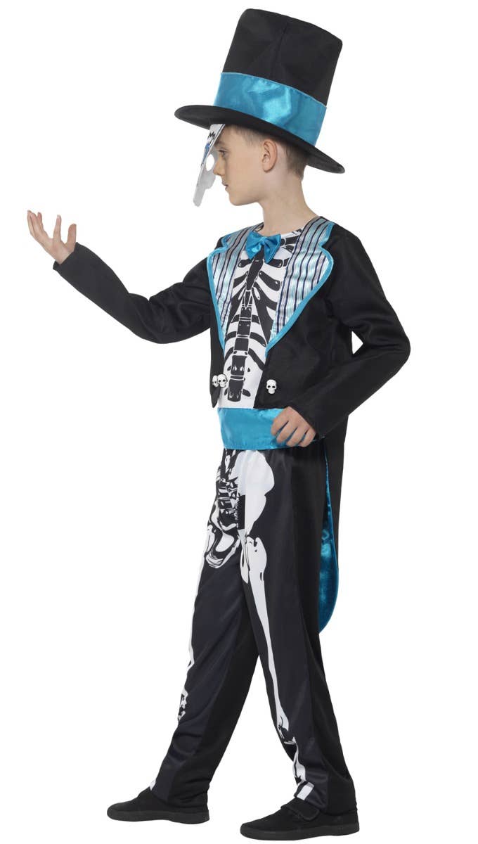 Boy's Black White And Blue Day Of The Dead Groom Halloween Skeleton Printed Fancy Dress Costume Side View Image