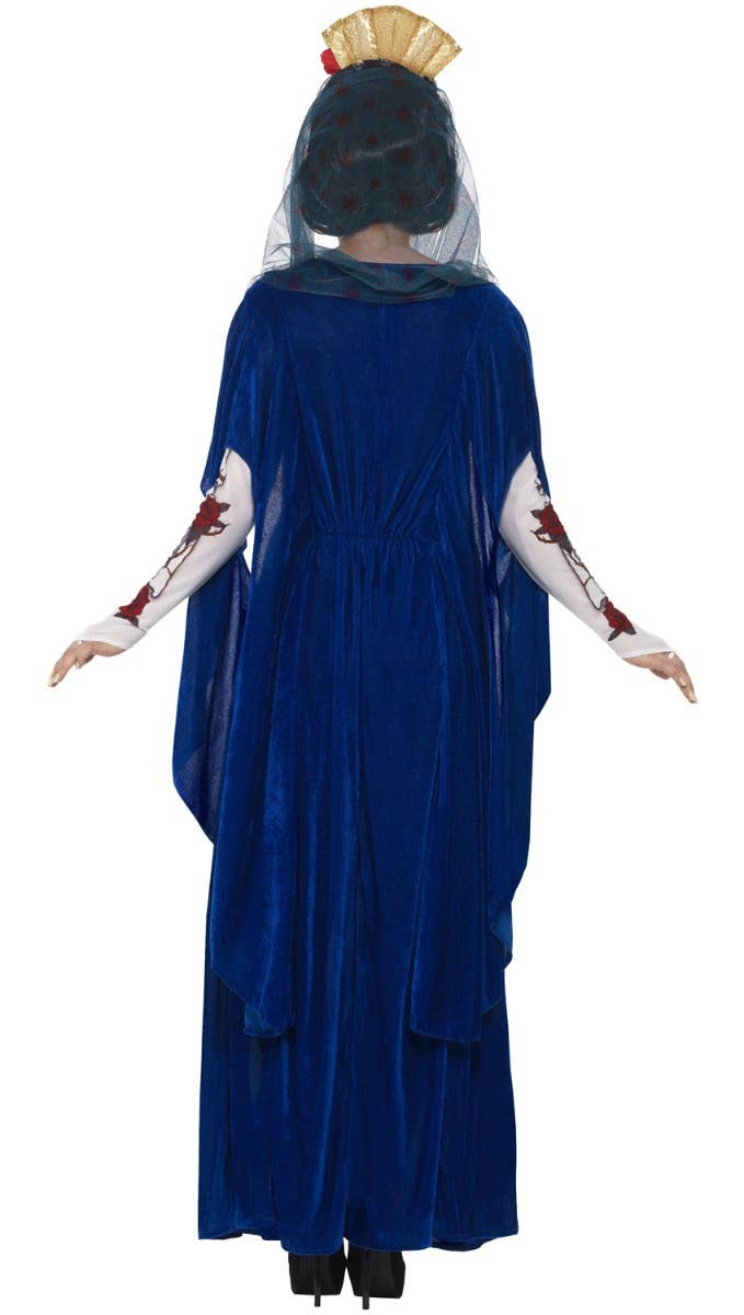 Women's Blue Sacred Mary Mexican Day Of The Dead Velveteen Fancy Dress Halloween Costume Back View Image