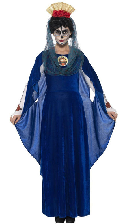 Women's Blue Sacred Mary Mexican Day Of The Dead Velveteen Fancy Dress Halloween Costume Main Image