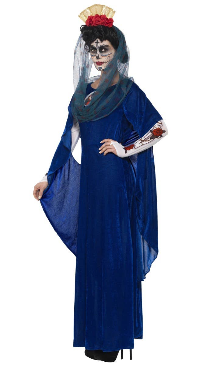 Women's Blue Sacred Mary Mexican Day Of The Dead Velveteen Fancy Dress Halloween Costume Side View Image