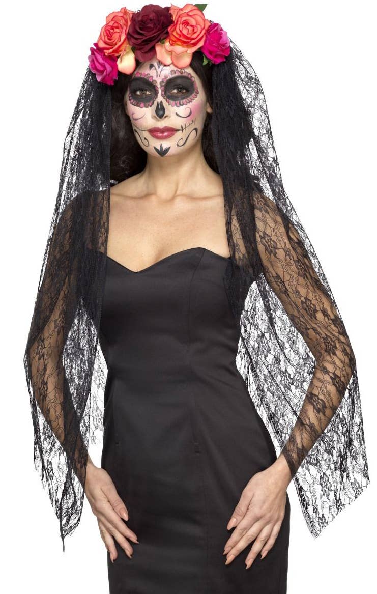 Day of the Dead rose Headband with Veil Front Image