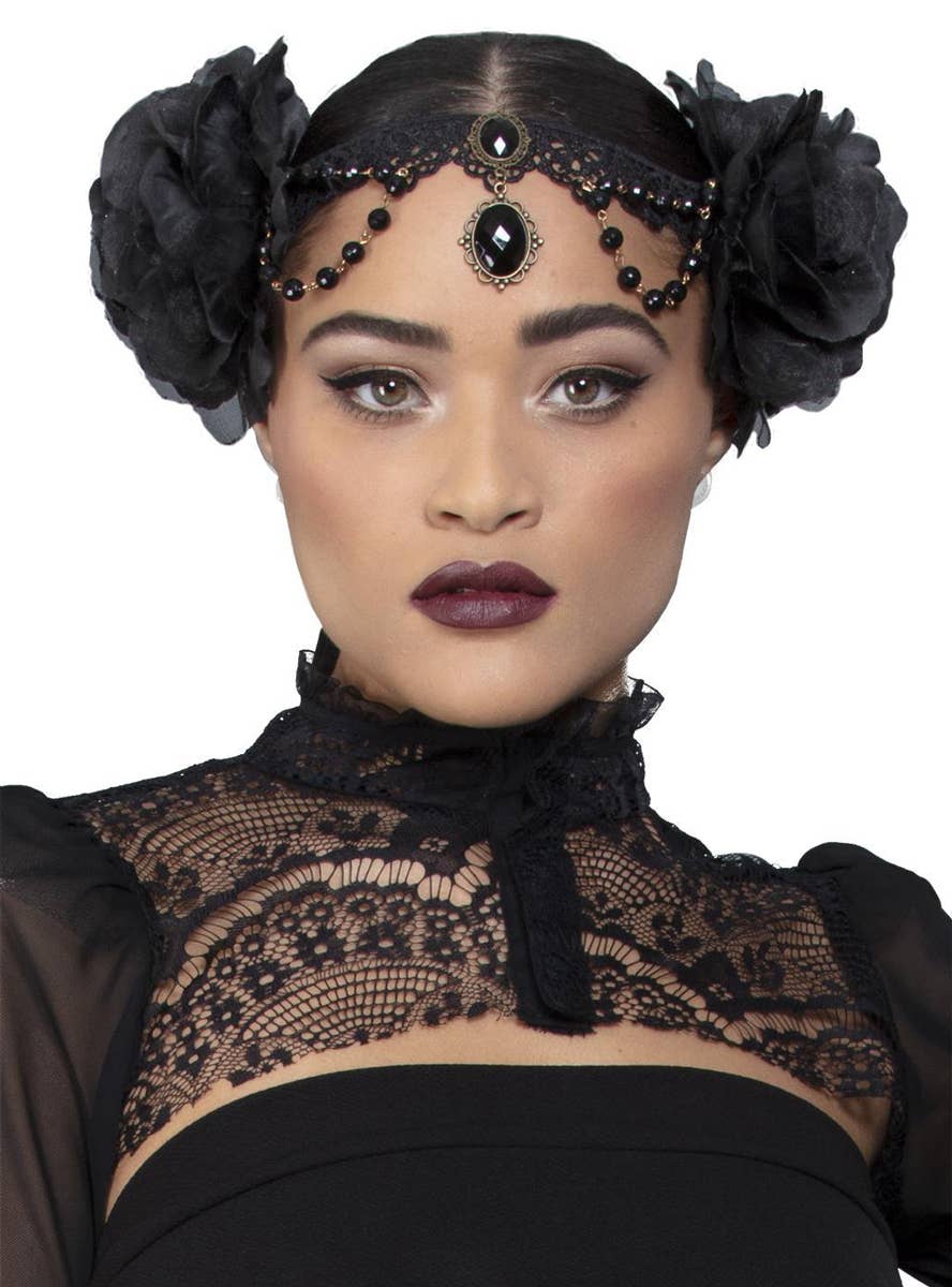 Black Jewel Costume Headpiece with Black Roses