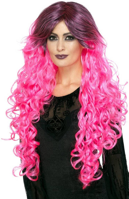 Women's Long Curly Pink and Black Ombre Halloween Wig Main Image