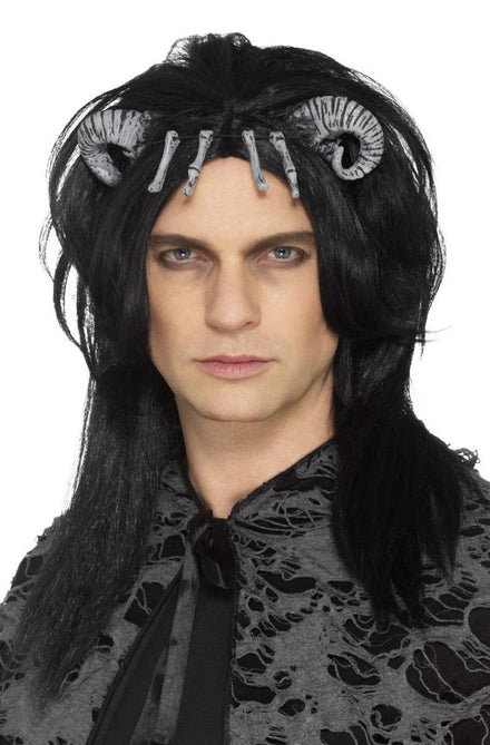 Men's Demon Black Wig with Goat Horns Main Image