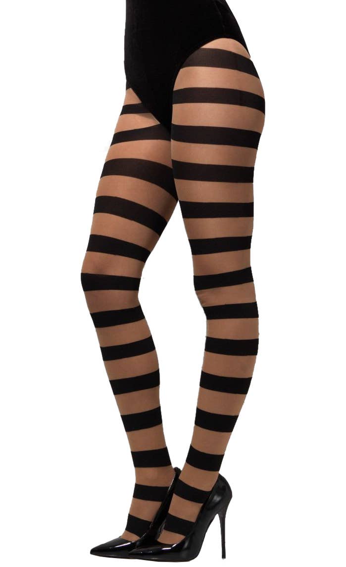 Image of Glam Nude and Black Striped Womens Stockings