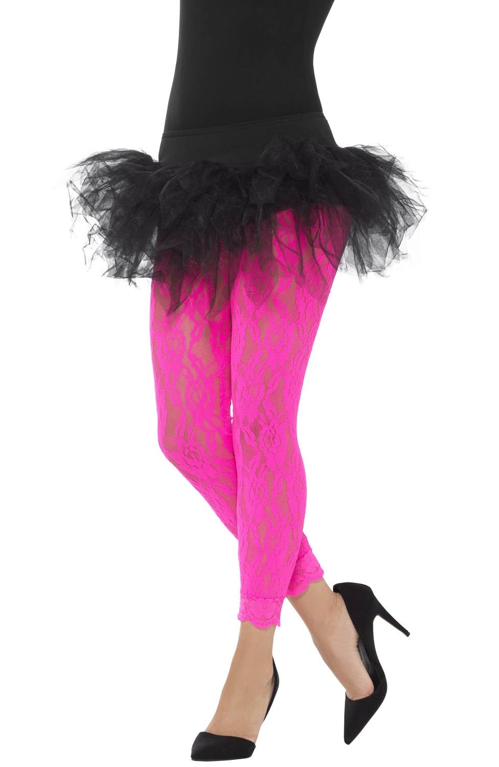 Rock Chick Women's 1980's Hot Pink Lace Footless 80s Costume Tight Leggings - Main View