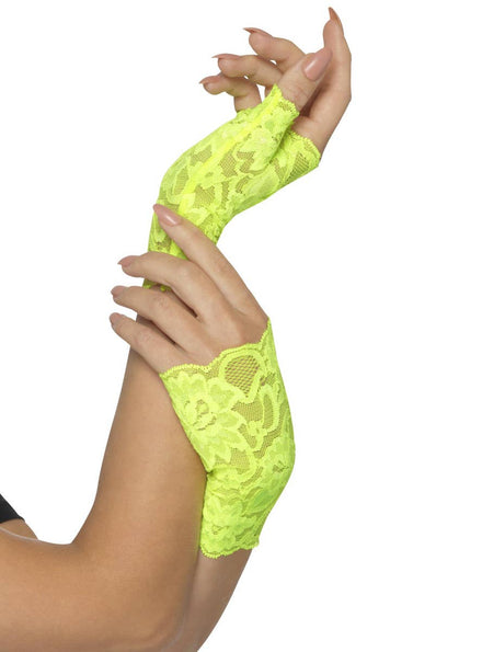 Women's Neon Green Lace Fingerless Costume Gloves