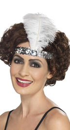 Image of 1920s Silver Sequin Flapper Headband with Feather