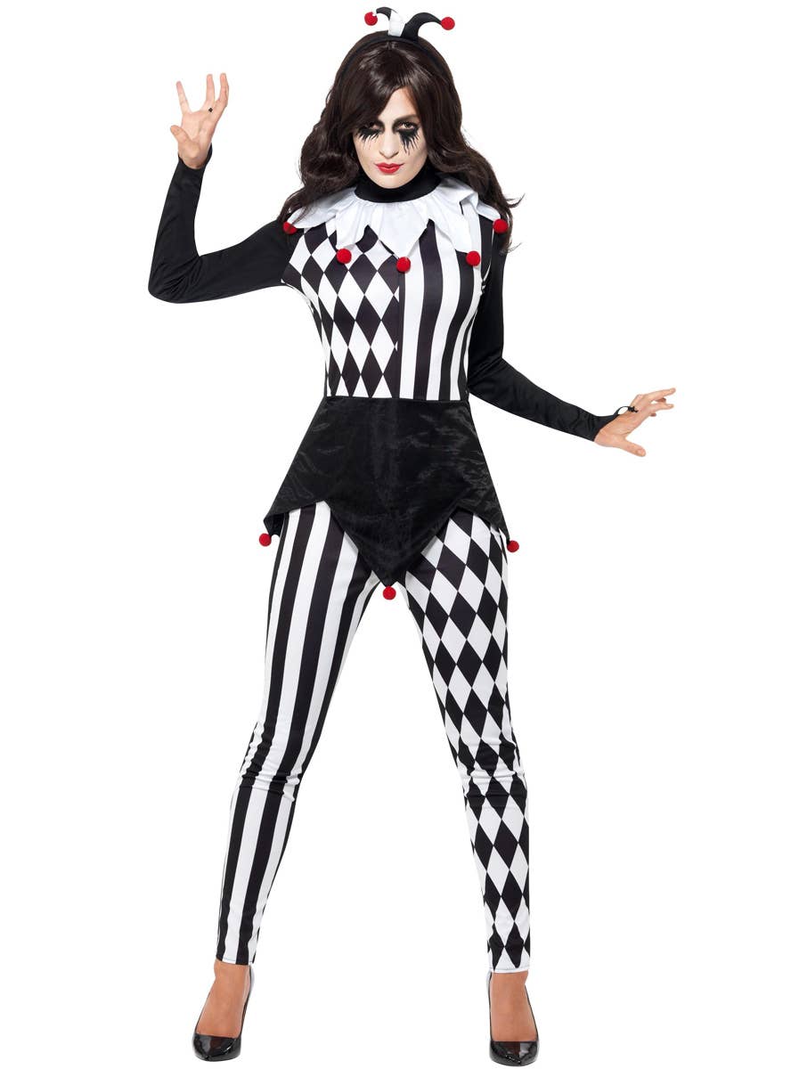 Womens Black and White Jester Halloween Dress Up Costume - Alternate Front Image
