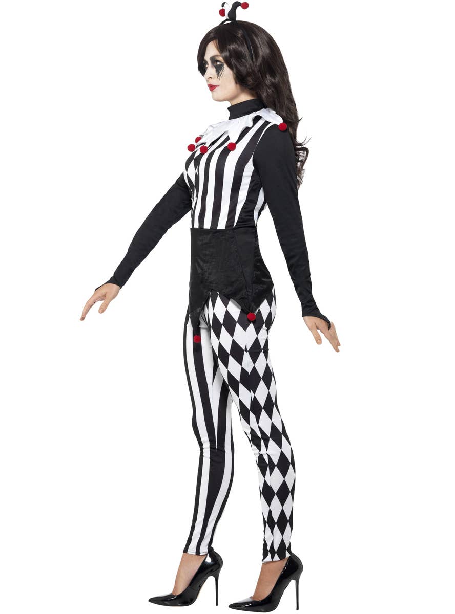 Womens Black and White Jester Halloween Dress Up Costume - Side Image