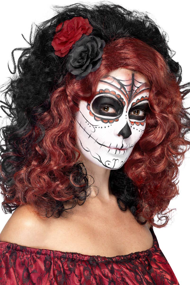 Women's Sugar Skull Curly Black and Red Wig