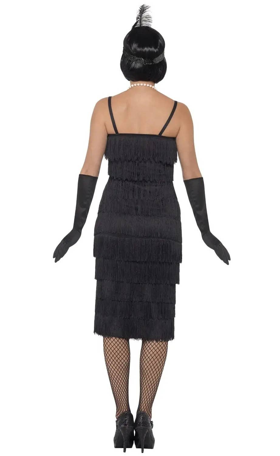 Image of 1920s Women's Plus Size Long Black Fringed Flapper Costume - Back View