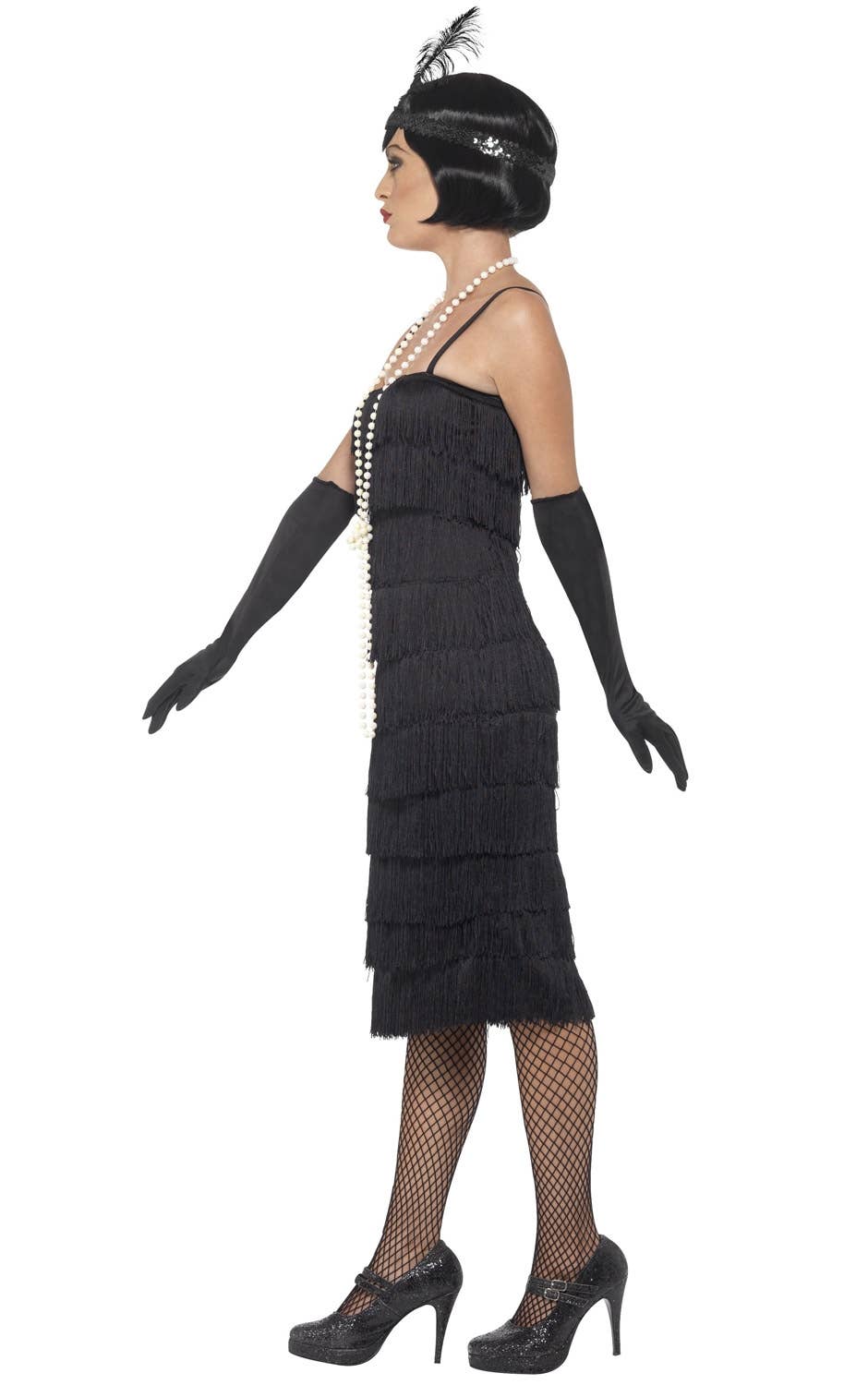 Women's Long Black Fully Fringed Flapper Dress Costume - Side View