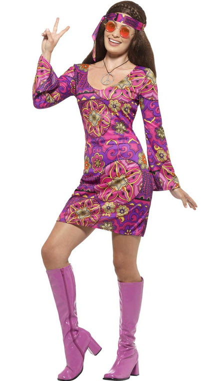 Women's Pink and Purple Hippie Costume Dress Front View