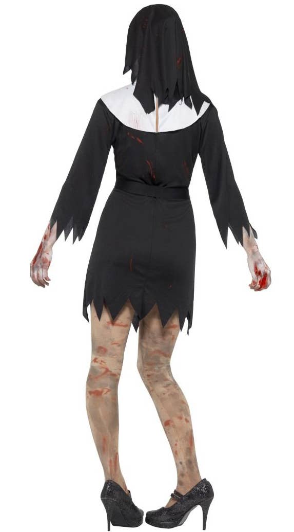 Women's Black And White Halloween Zombie Nun Sister Blood Splattered Fancy Dress Costume Rear Image