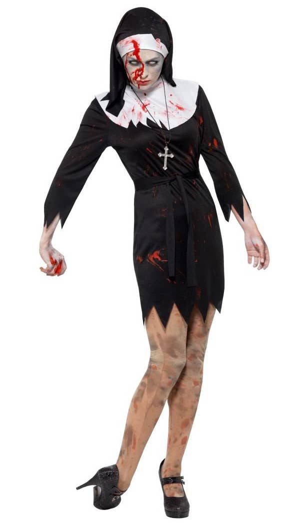 Women's Black And White Halloween Zombie Nun Sister Blood Splattered Fancy Dress Costume Alternative Image