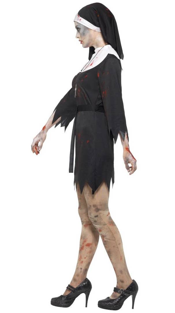 Women's Black And White Halloween Zombie Nun Sister Blood Splattered Fancy Dress Costume Side View Image