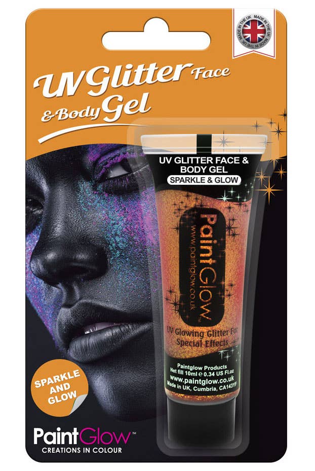 Orange Blacklight Reactive Glitter Face and Body Gel Packaging Image