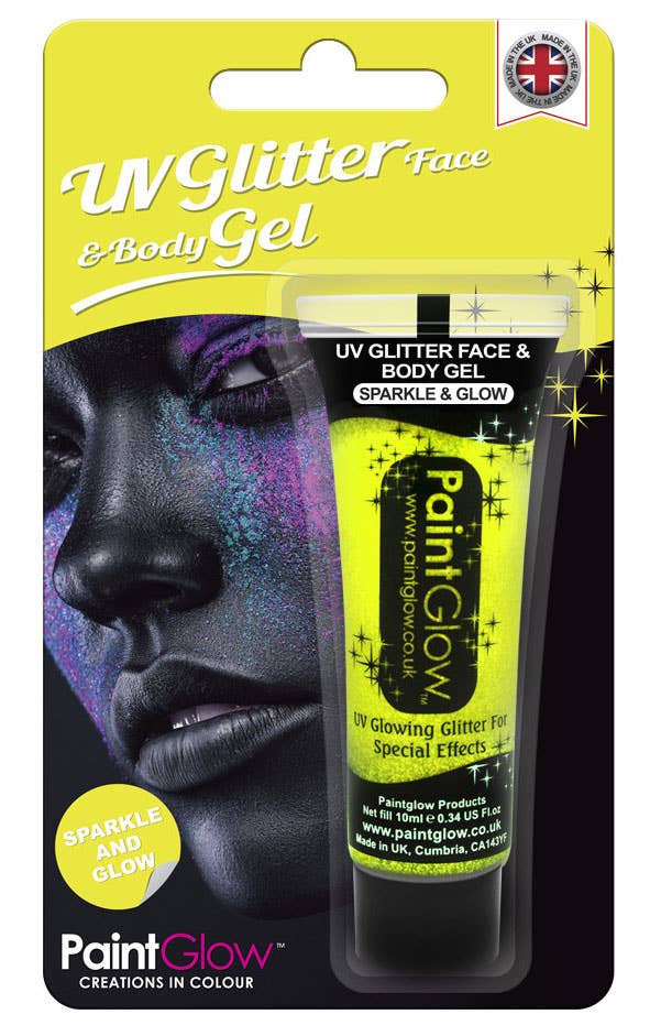 Yellow Blacklight Reactive Glitter Face and Body Gel Packaging Image