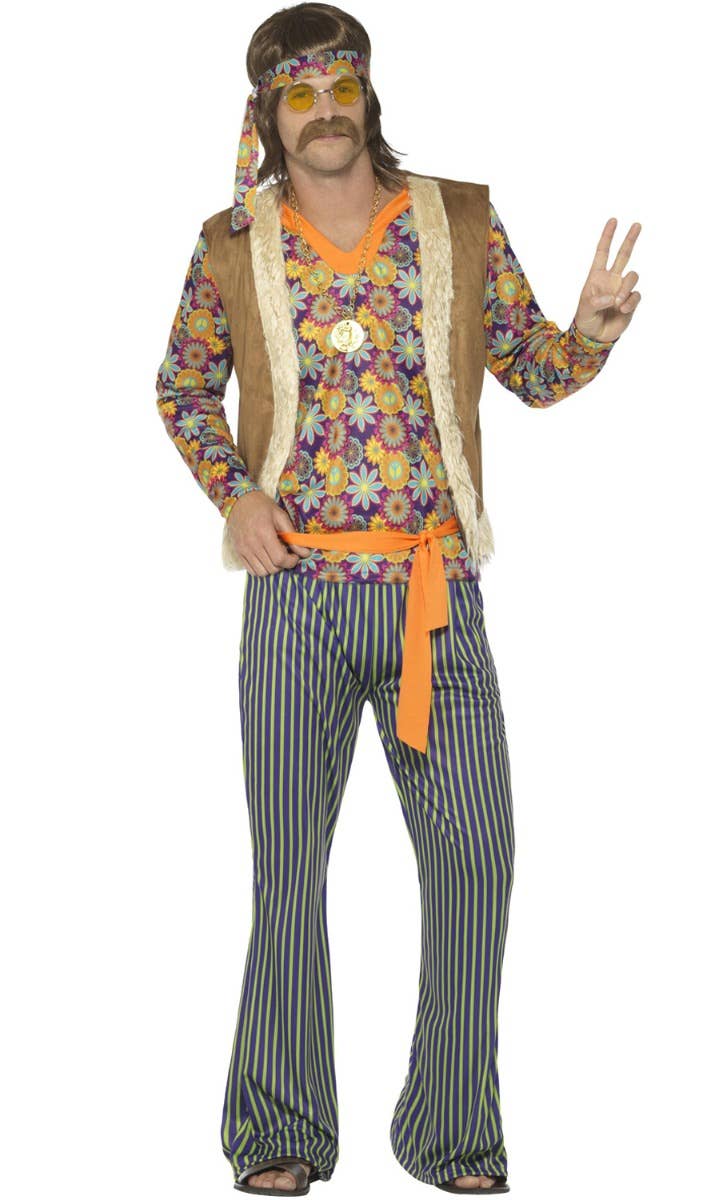 Men's 1960's Woodstock Hippie Singer Fancy Dress Costume Alternate Front Image