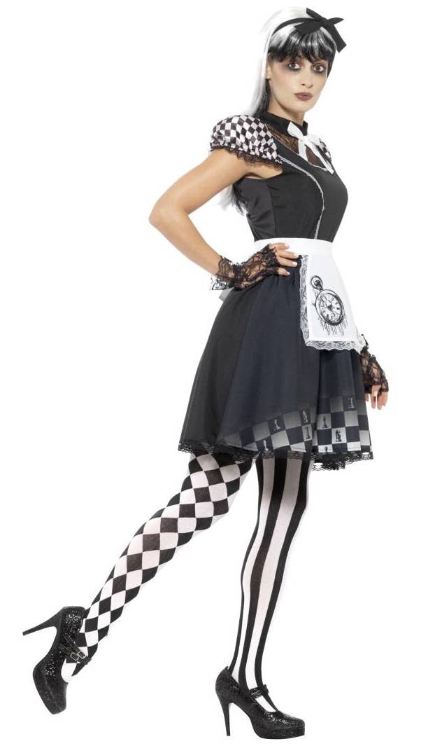Women's Dark Gothic Alice In Wonderland Halloween Black And White Fancy Dress Costume Side View Image